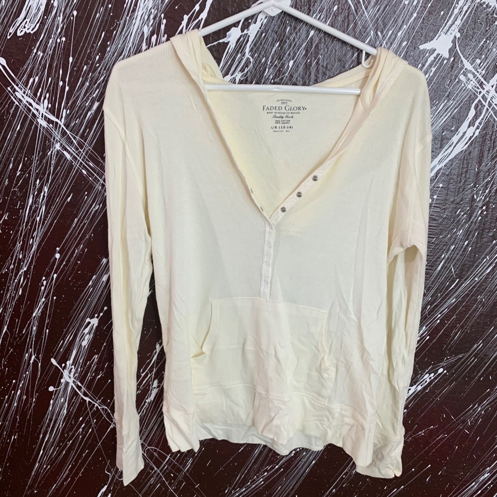 Faded Glory Womens Cream Ribbed Henley Hoodie Long Sleeve Pocket Top Large 12-14